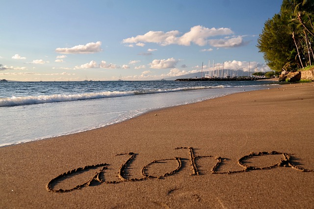 Beach with Aloha written in the sand